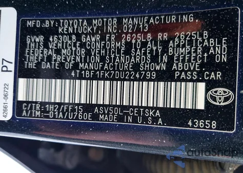 2013 Toyota Camry L from USA, damaged, VIN 4T1BF1FK7DU224799